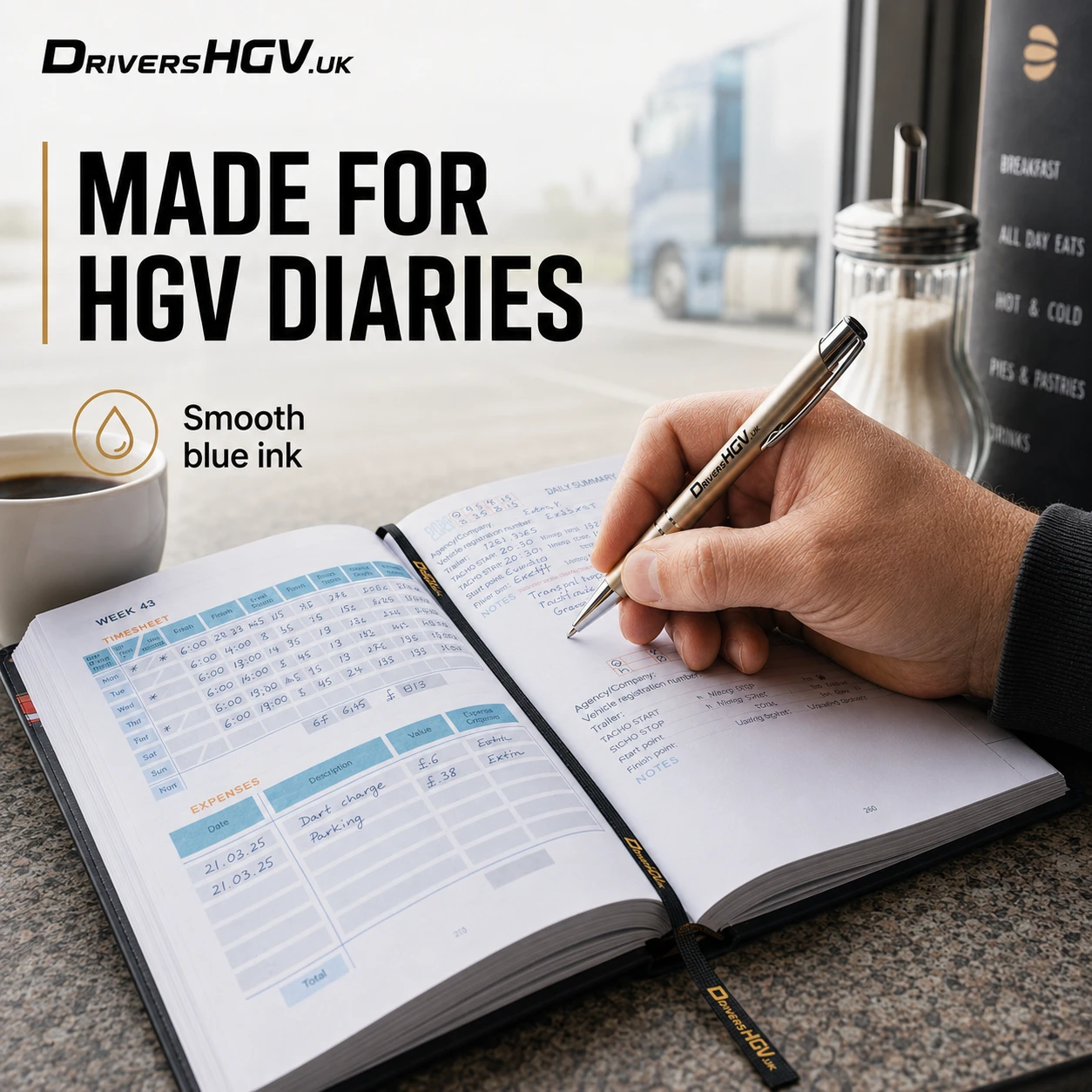 DriversHGV.uk gold pen made for HGV Drivers Diary and daily cab paperwork